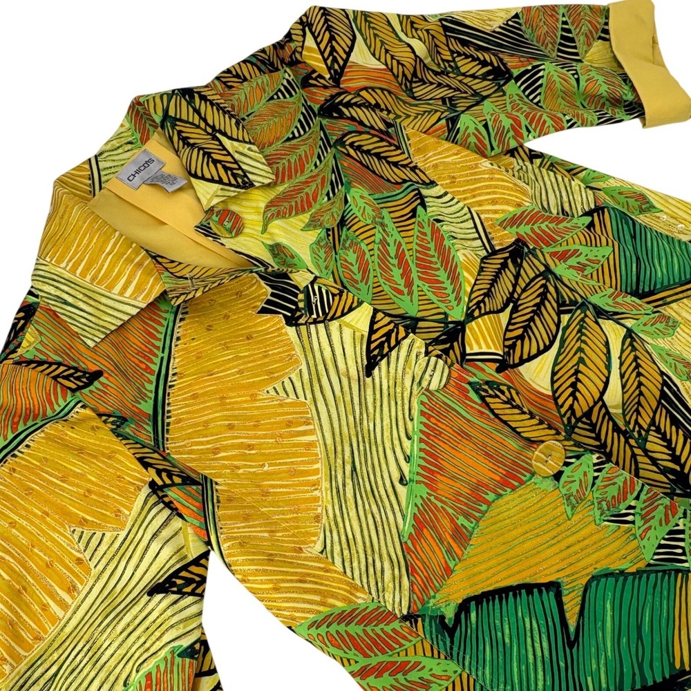 Chicos Tropical Leaf Print Button Front Jacket Size 1 Yellow Green Womens
